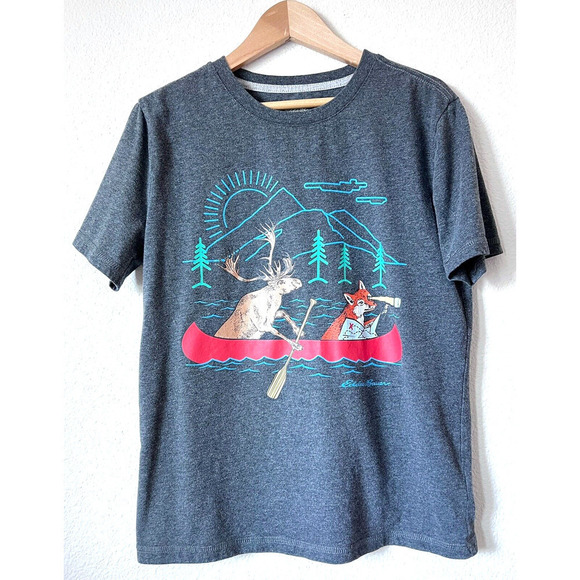 Eddie Bauer Boys Size Medium 10-12 T Shirt Gray Short Sleeve Camping Outdoor Fox - Picture 1 of 5